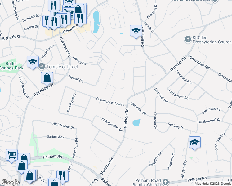 map of restaurants, bars, coffee shops, grocery stores, and more near 7 Coventry Road in Greenville