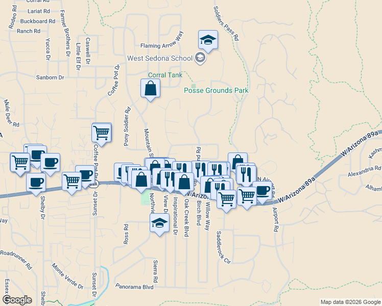map of restaurants, bars, coffee shops, grocery stores, and more near 60 Mission Circle in Sedona