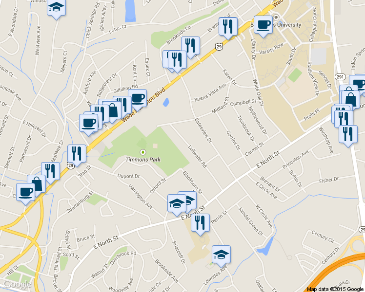 map of restaurants, bars, coffee shops, grocery stores, and more near 129 Lullwater Road in Greenville