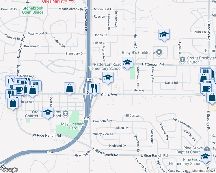 map of restaurants, bars, coffee shops, grocery stores, and more near 4893 Bethany Lane in Santa Maria
