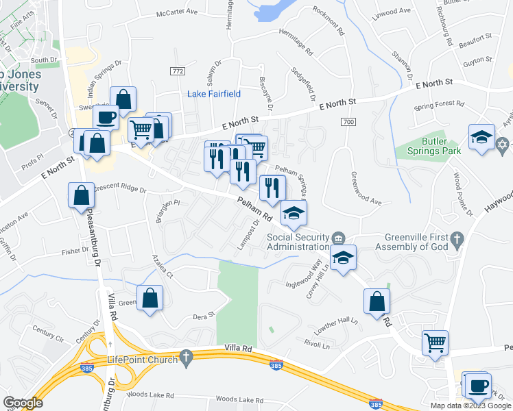 map of restaurants, bars, coffee shops, grocery stores, and more near 215 Pelham Commons Boulevard in Greenville