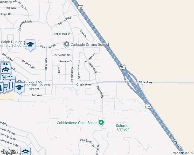 map of restaurants, bars, coffee shops, grocery stores, and more near 1601 Tiffany Park Court in Santa Maria