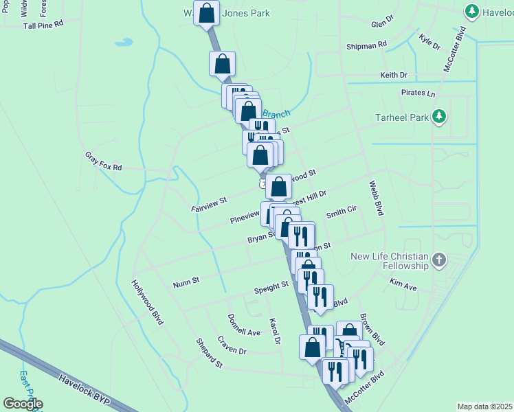 map of restaurants, bars, coffee shops, grocery stores, and more near 102 Pineview Street in Havelock