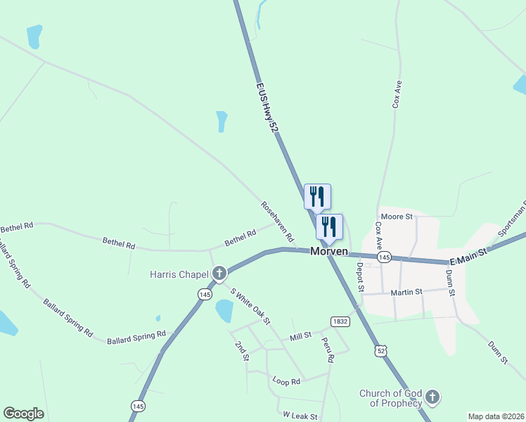 map of restaurants, bars, coffee shops, grocery stores, and more near 301 Rosehaven Road in Morven