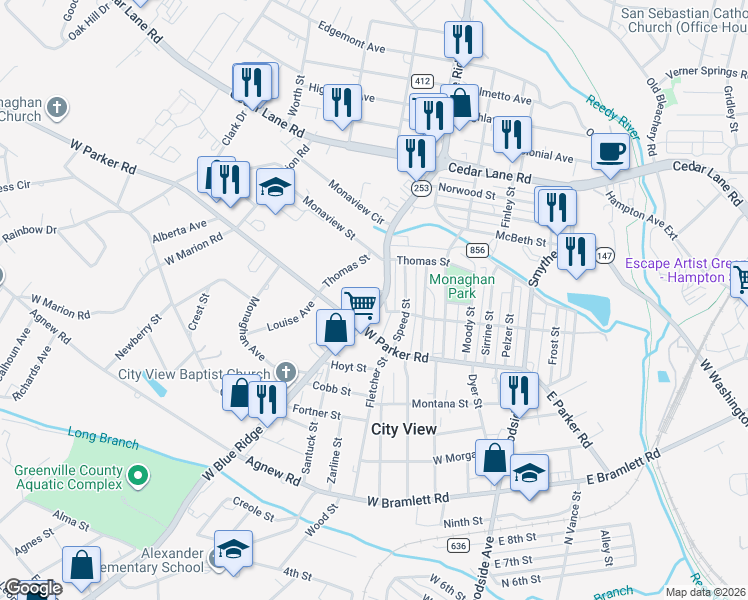 map of restaurants, bars, coffee shops, grocery stores, and more near 10 Marchant Street in Greenville