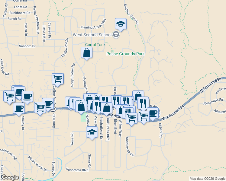 map of restaurants, bars, coffee shops, grocery stores, and more near 60 Mission Circle in Sedona
