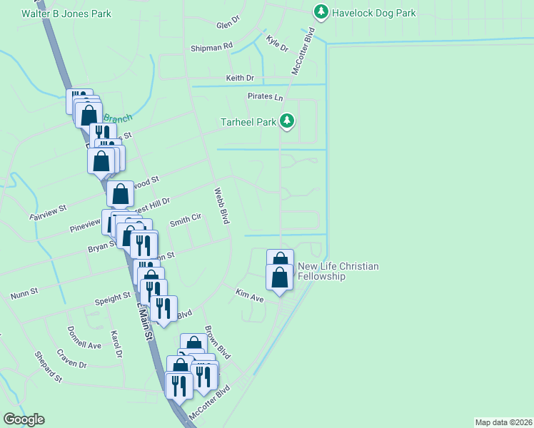 map of restaurants, bars, coffee shops, grocery stores, and more near 209 Cindy Lane in Havelock