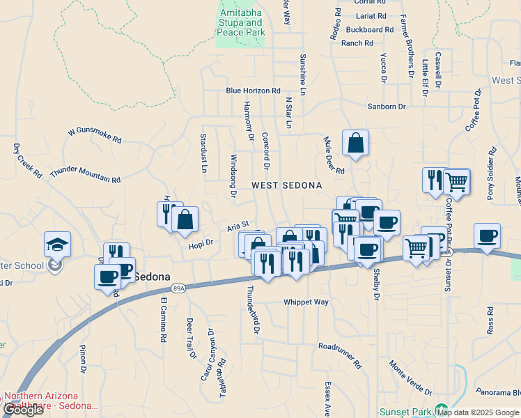 map of restaurants, bars, coffee shops, grocery stores, and more near 230 Harmony Drive in Sedona