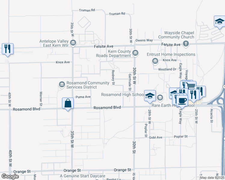map of restaurants, bars, coffee shops, grocery stores, and more near 3137 Edwards Avenue in Rosamond