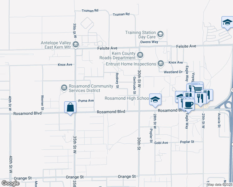 map of restaurants, bars, coffee shops, grocery stores, and more near 3137 Edwards Avenue in Rosamond