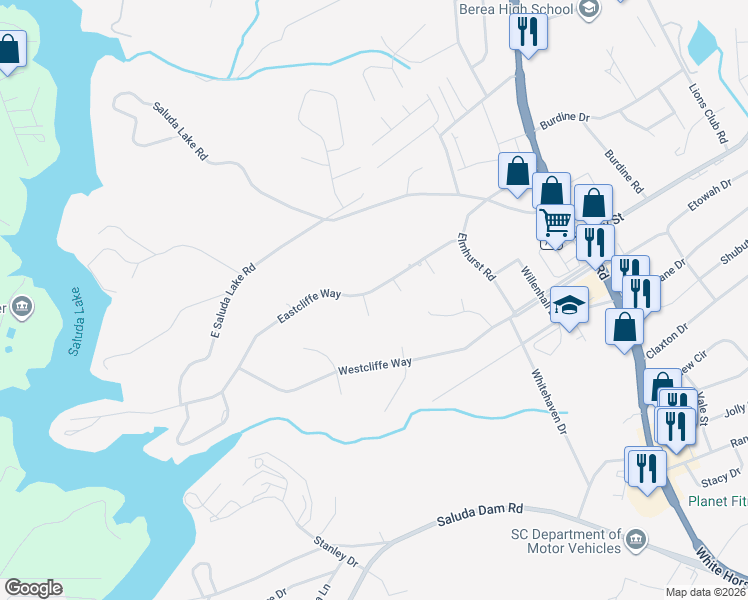map of restaurants, bars, coffee shops, grocery stores, and more near 205 Eastcliffe Way in Greenville