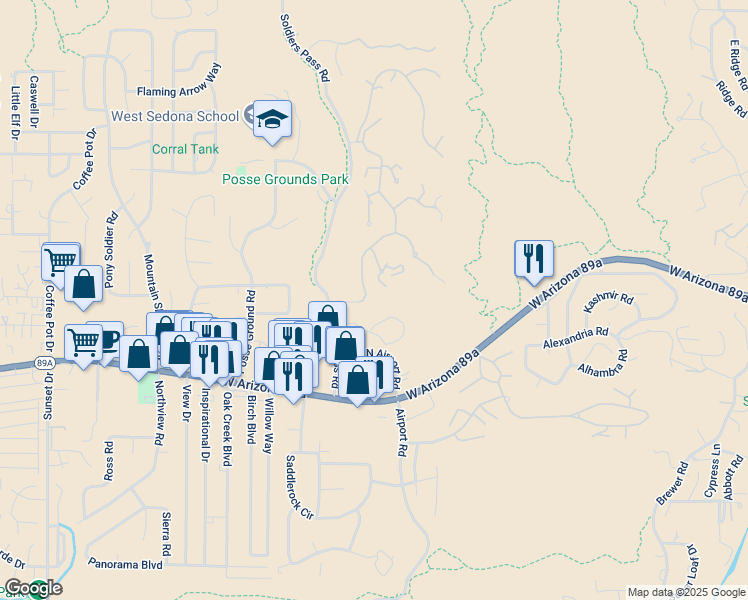 map of restaurants, bars, coffee shops, grocery stores, and more near 202 Calle Diamante in Sedona