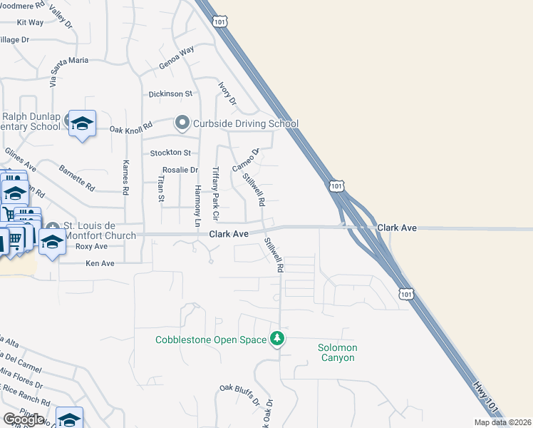 map of restaurants, bars, coffee shops, grocery stores, and more near 1601 Tiffany Park Court in Santa Maria