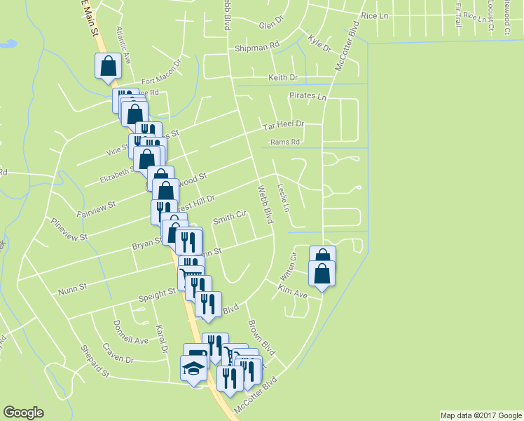map of restaurants, bars, coffee shops, grocery stores, and more near 410 Webb Boulevard in Havelock