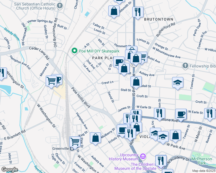 map of restaurants, bars, coffee shops, grocery stores, and more near 106 David Street in Greenville