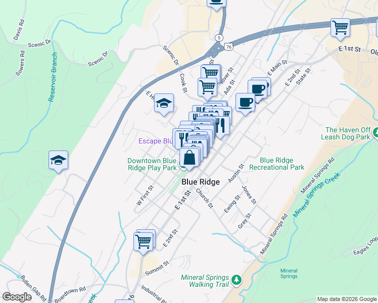 map of restaurants, bars, coffee shops, grocery stores, and more near 477 West First Street in Blue Ridge