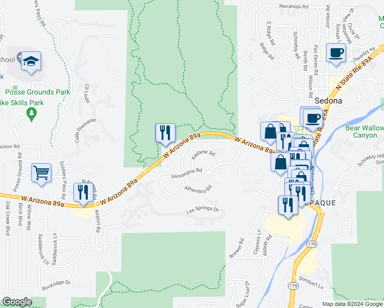 map of restaurants, bars, coffee shops, grocery stores, and more near 65 Kashmir Road in Sedona