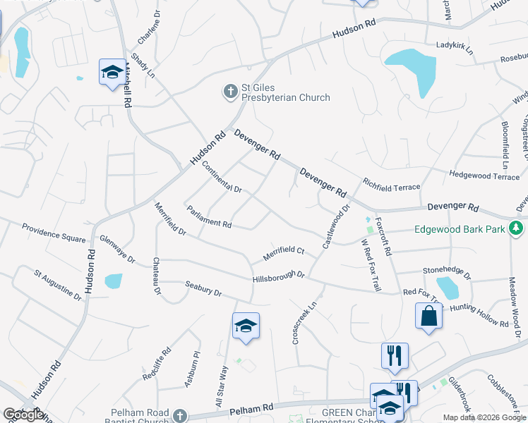 map of restaurants, bars, coffee shops, grocery stores, and more near 225 Parliament Road in Greenville