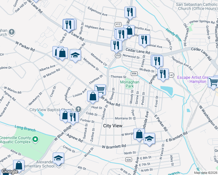 map of restaurants, bars, coffee shops, grocery stores, and more near 10 Marchant Street in Greenville