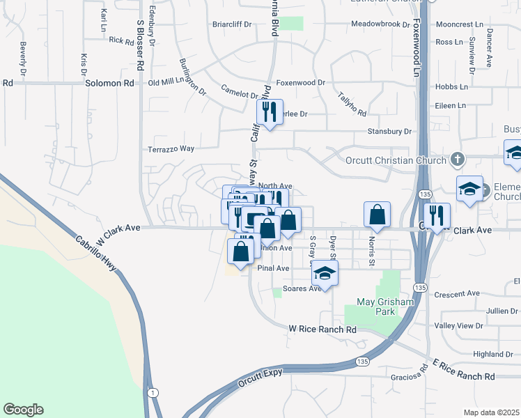 map of restaurants, bars, coffee shops, grocery stores, and more near 120 Park Avenue in Orcutt