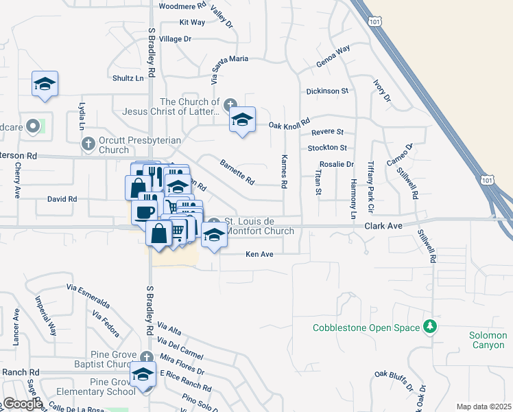 map of restaurants, bars, coffee shops, grocery stores, and more near 1280 Glines Avenue in Santa Maria