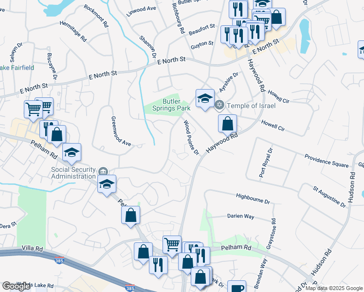 map of restaurants, bars, coffee shops, grocery stores, and more near 1175 Haywood Road in Greenville
