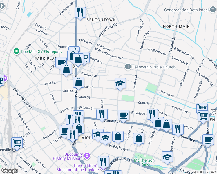 map of restaurants, bars, coffee shops, grocery stores, and more near 214 Randall Street in Greenville