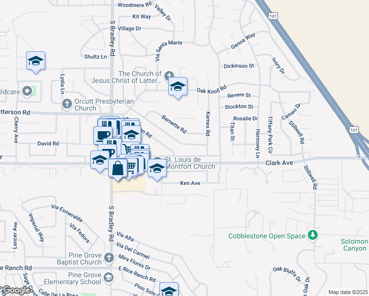map of restaurants, bars, coffee shops, grocery stores, and more near 1280 Glines Avenue in Santa Maria