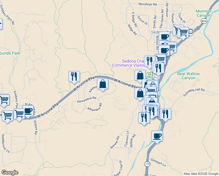 map of restaurants, bars, coffee shops, grocery stores, and more near 95 Dardanelle Road in Sedona