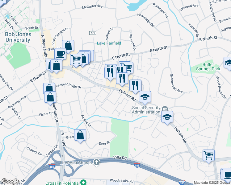 map of restaurants, bars, coffee shops, grocery stores, and more near 230 Pelham Road in Greenville