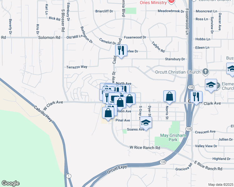 map of restaurants, bars, coffee shops, grocery stores, and more near 118 Park Avenue in Orcutt
