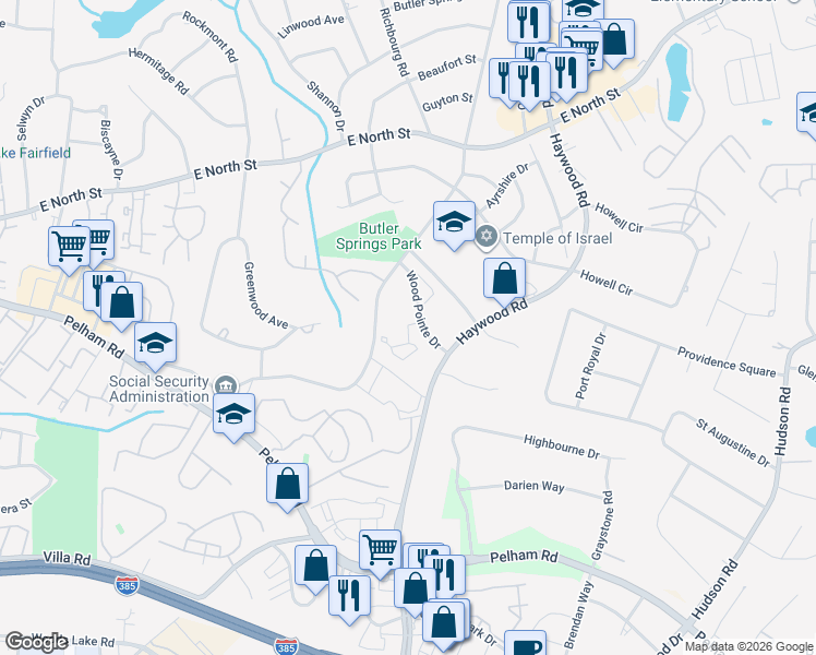 map of restaurants, bars, coffee shops, grocery stores, and more near 1175 Haywood Road in Greenville