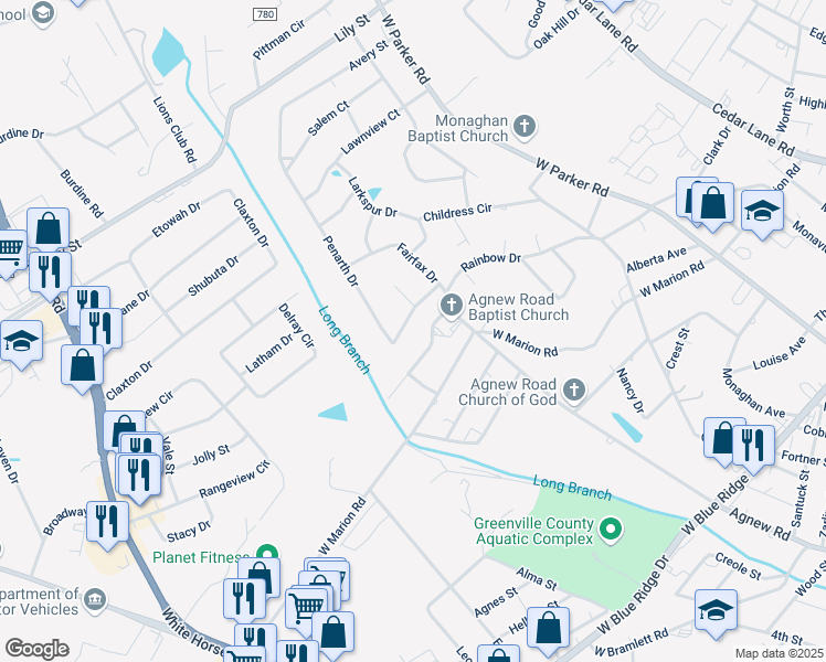 map of restaurants, bars, coffee shops, grocery stores, and more near 508 Penarth Drive in Greenville