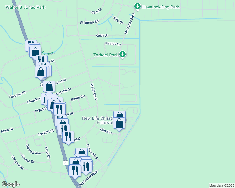map of restaurants, bars, coffee shops, grocery stores, and more near 343 McCotter Boulevard in Havelock
