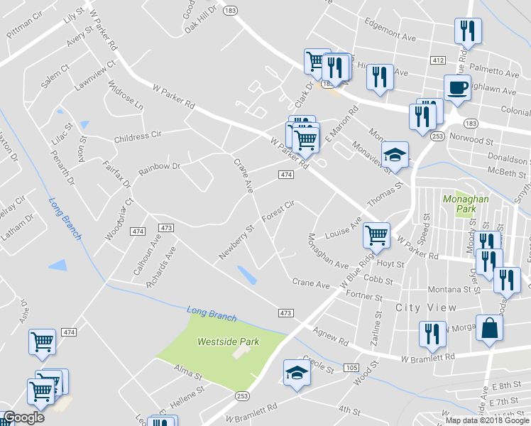 map of restaurants, bars, coffee shops, grocery stores, and more near 106 Forest Circle in Greenville