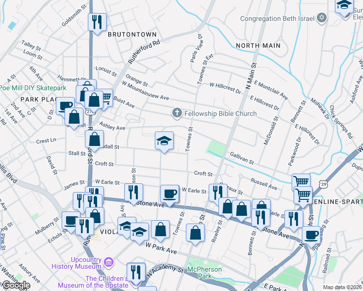 map of restaurants, bars, coffee shops, grocery stores, and more near 104 Randall Street in Greenville