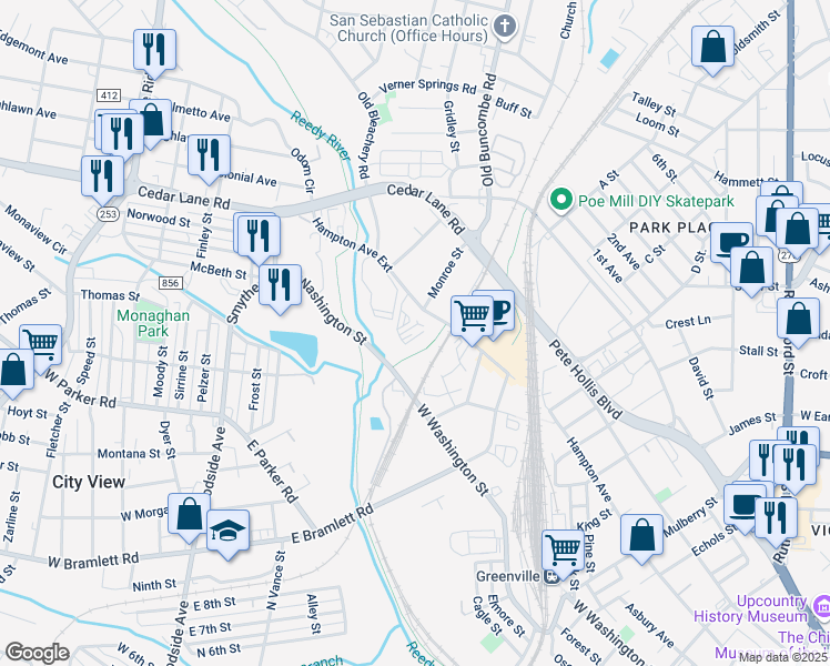 map of restaurants, bars, coffee shops, grocery stores, and more near 1419 Hampton Avenue in Greenville
