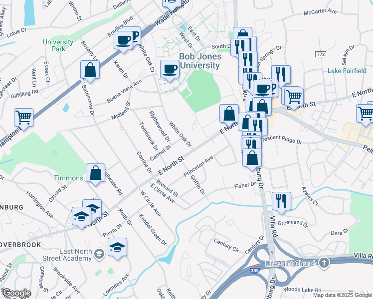 map of restaurants, bars, coffee shops, grocery stores, and more near 2107 East North Street in Greenville