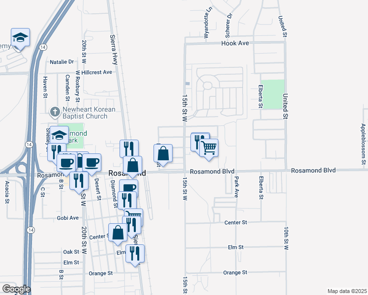 map of restaurants, bars, coffee shops, grocery stores, and more near Edwards Avenue in Rosamond