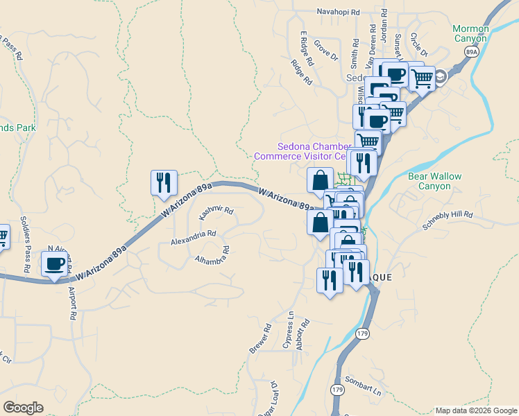 map of restaurants, bars, coffee shops, grocery stores, and more near 95 Dardanelle Road in Sedona