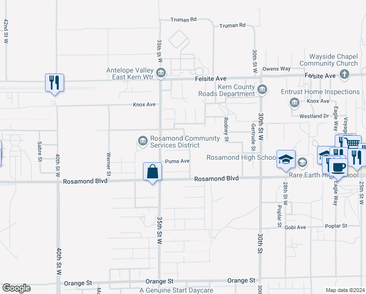 map of restaurants, bars, coffee shops, grocery stores, and more near 3360 Leopard Court in Rosamond
