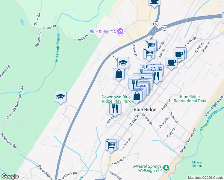 map of restaurants, bars, coffee shops, grocery stores, and more near 80 College Street in Blue Ridge