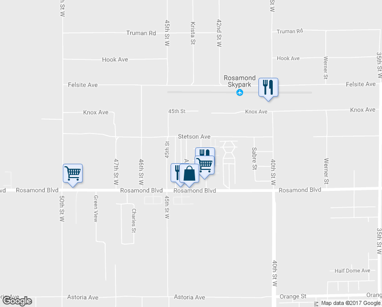 map of restaurants, bars, coffee shops, grocery stores, and more near 4380 Silverado Court in Rosamond
