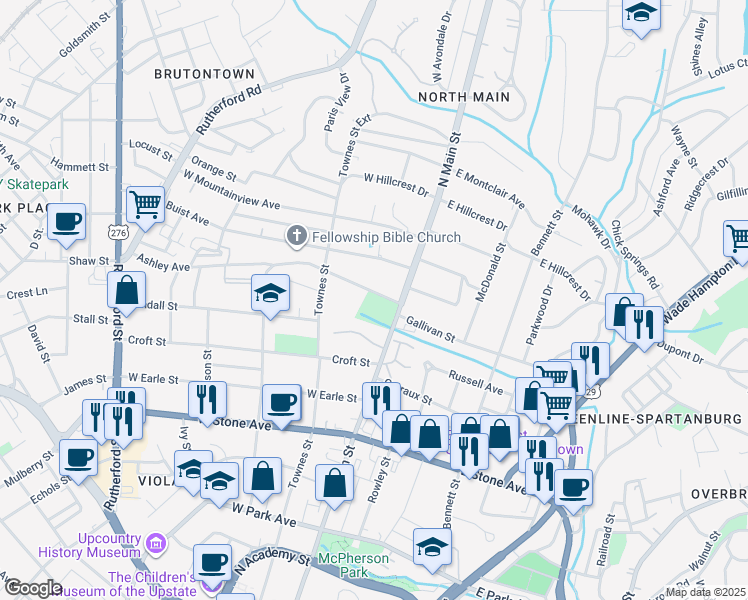 map of restaurants, bars, coffee shops, grocery stores, and more near 9 Ashley Avenue in Greenville