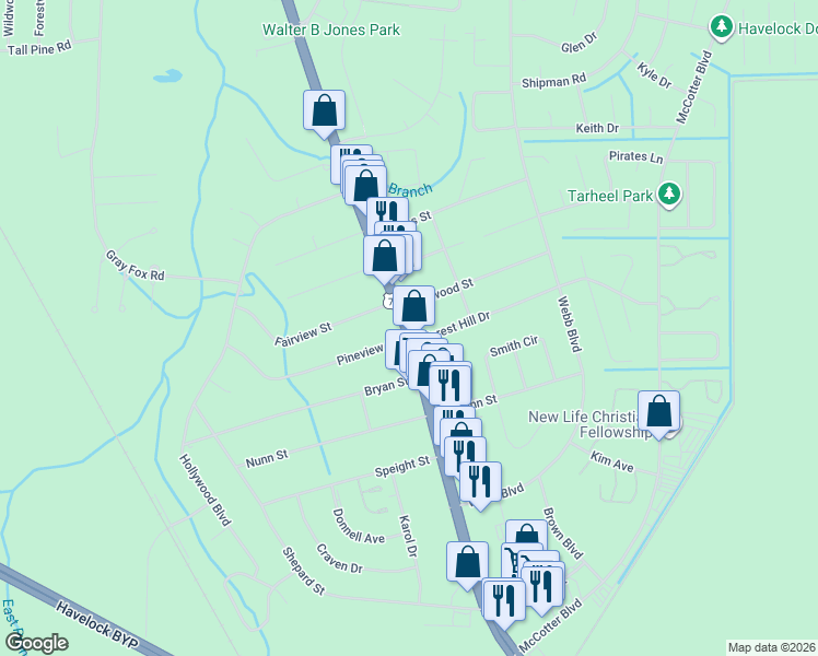 map of restaurants, bars, coffee shops, grocery stores, and more near 859 U.S. 70 in Havelock