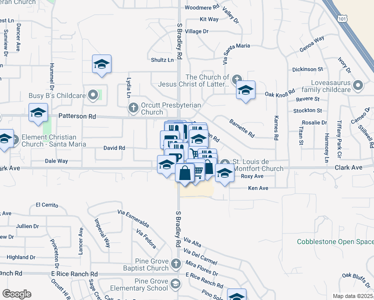 map of restaurants, bars, coffee shops, grocery stores, and more near 4852 South Bradley Road in Santa Maria