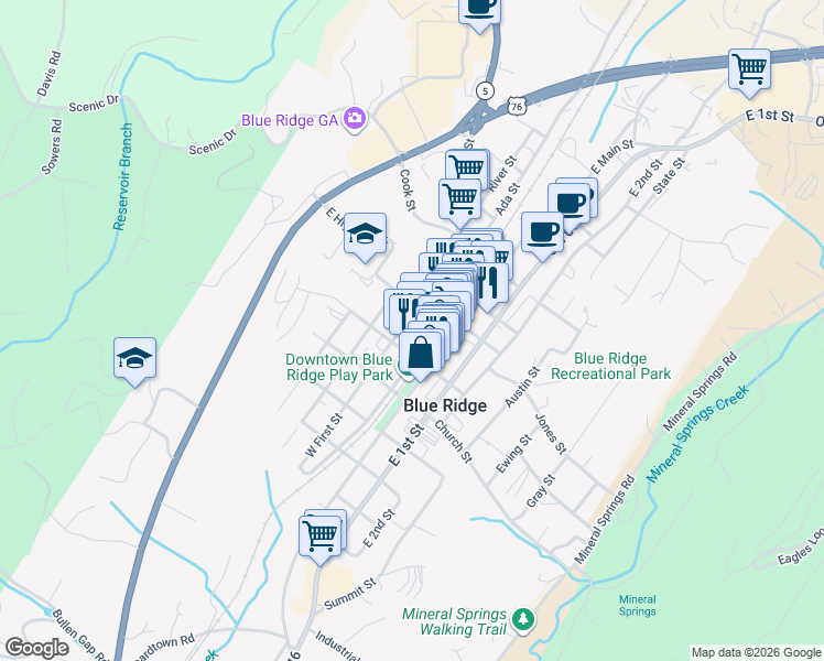 map of restaurants, bars, coffee shops, grocery stores, and more near 477 West First Street in Blue Ridge