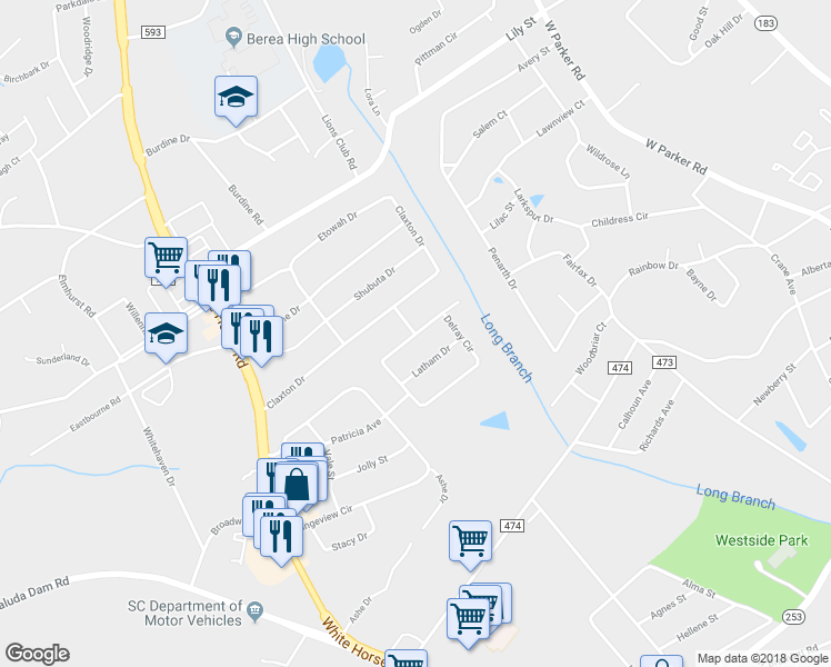 map of restaurants, bars, coffee shops, grocery stores, and more near 99 Grady Drive in Greenville