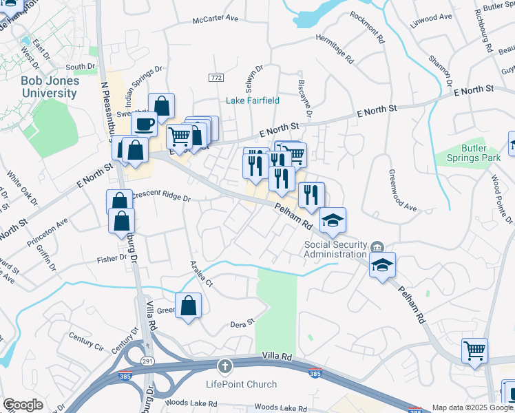 map of restaurants, bars, coffee shops, grocery stores, and more near 15442 Pelham Road in Greenville