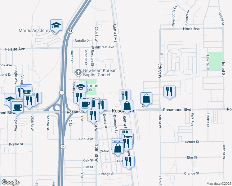 map of restaurants, bars, coffee shops, grocery stores, and more near 3131 Sierra Highway in Rosamond